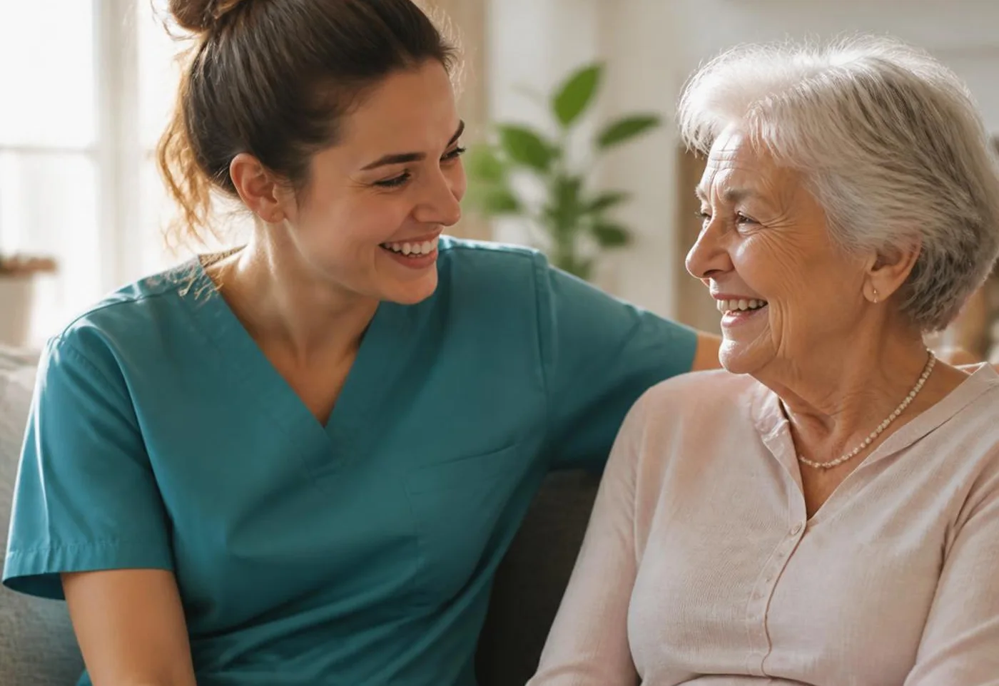 An AHS caregiver sitting and talking with a senior client at home