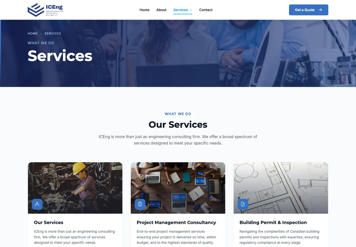 ICEng Services overview page listing the three service lines